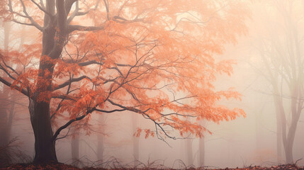 amazing foggy light in mystical autumn forest, beautiful pastel colored fog forest and tree backgrou