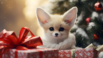 Super cute fennec fox with Christmas giftbox. AI generated image