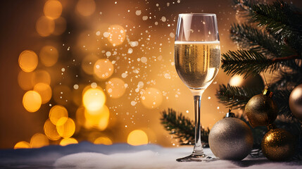 Glass of champagne. Christmas night, New Year eve. AI generated image