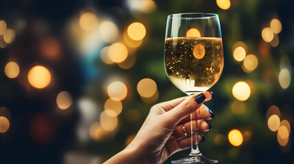 Woman hand holding a glass of champagne, Christmas celebration. AI generated image