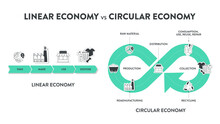 The Vector Infographic Diagram Of The Difference Between The Circular Economy And Linear Economy. Compare Linear And Circular Infographics For Presentations Or Banners For Websites. Economy Concepts.