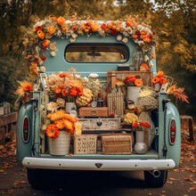 Fall Digital Backdrop, Autumn Pickup Truck Digital Background, Vintage Car