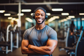 Portrait of african man with headphones in gym. Healthy active lifestyle and sports concept. Generative AI