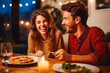 Young couple eating italian food at home. Couple on date night with delicious food. Generative AI