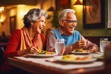 Older couple eating indian food at restaurant. Couple on date night with delicious food. Generative AI