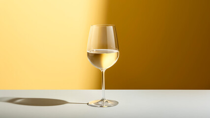 A glass of white wine on a white table and yellow background.