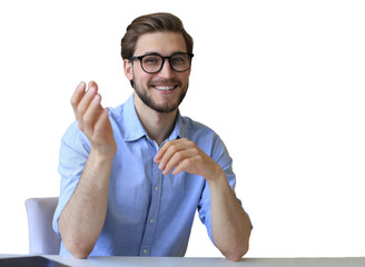 Wall Mural - Smiling handsome businessman is sitting at the desk and having video call or conversation with client on a transparent background.