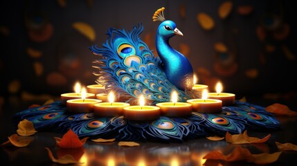 Wall Mural - Diwali Festival Background with Oil Lamps and Auspicious Peacock. Hindu Festival Celebration. Generative Ai