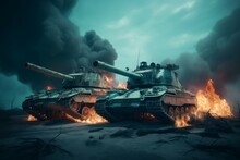 Two War Tanks In Fire. Generate Ai