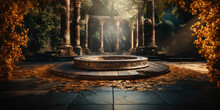 Ancient Greece, Bronze Podium In A Park, Background With Antique Columns In Forest. Generative AI