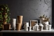 © Lasvu - Plant composition, dark brown takeout cups in a white container, and a wall made of rough cement. Generative AI