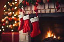 Christmas Gift Socks Hanging On The Fireplace