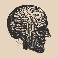 Engraving vintage retro illustration of future education system ai artificial intelligence brain mind human head cyborg. Gravure graffiti style poster. Graphic Art.