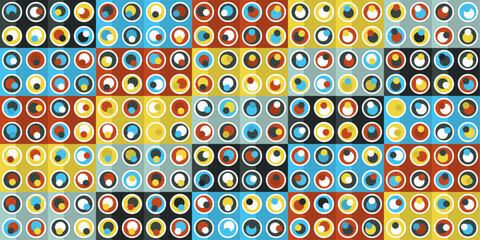 Aufkleber - A grid of circles, inside of which there are another bright small circles. Vector grid of simple and colored circles. For wallpapers, pillows, notebooks, cups, textiles, interiors, packaging, covers.