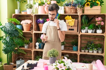 Wall Mural - Young hispanic man florist reading notebook with relaxed expression at flower shop