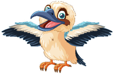 Wall Mural - A cartoon illustration of a smiling Kookaburra native to Australia, standing with its wings wide open, isolated on a white background