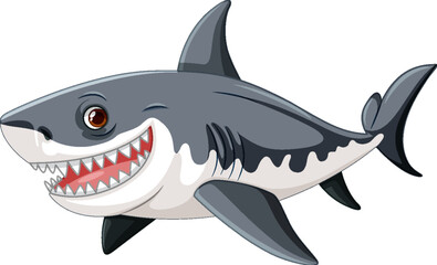 Wall Mural - A cartoon illustration of a great white shark with big teeth, swimming and smiling isolated on a white background