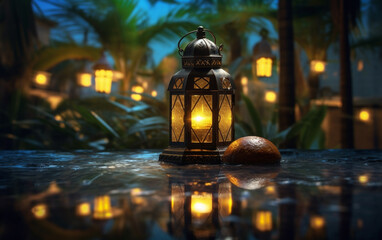 A luminous Ramadan glass lantern at night floating over a pool of water with a background of palm leaves