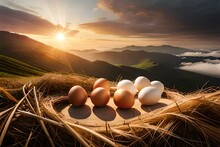 Chicken Eggs From An Organic Farm, Top View. Easter Background