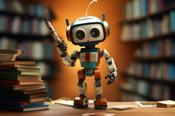 Illustration of new technology in education. Robot standing among stacks of books. Robots assisting in leasrning. Learning with help of robotic assistant