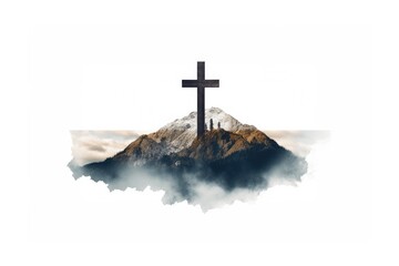 Canvas Print - Cross on mountain peak in white background