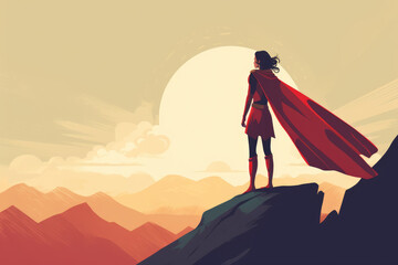 hero woman with cape stand on a cliff illustration generative ai