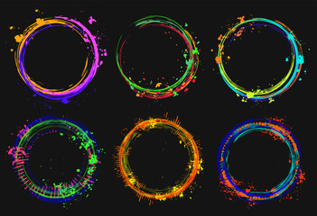 Set of 6 design elements, circular frames. Circle with copy space, paint brush strokes, spattered paint of neon bright colors. Virtual surreal templates for logo, advertisment.
