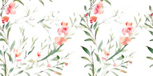 Abstract Floral Pattern Of Vertical Branches With Leaves And Small Flowers Roses. Watercolor Seamless Print On White Background