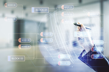 Wall Mural - man hand with pen working with abstract virtual coding concept and world map on blurred office backg