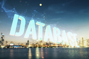 Wall Mural - double exposure of creative database word hologram on chicago city skyscrapers background, research 