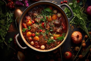 Wall Mural - An overhead angle of a Daube Provençale surrounded by its ingredients and herbs