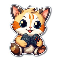 cartoon cute style cat holding joystick sticker. AI generative.