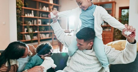 Sticker - Family, fun and playing on a sofa at home to relax, bond and quality time together. A happy man, woman or parents and children in a living room for happiness, love and care with kid on shoulders