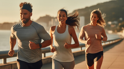 group of people jogging down road near the ocean. AI generative.