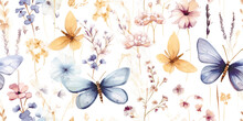 Floral Seamless Pattern With Abstract Flying Butterflies And Dragonflies, Watercolor Illustration With Delicate Abstract Wildflowers On White Background, Environment In Blue And Yellow Colored