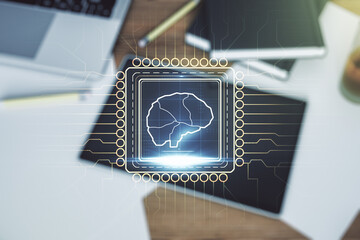 Wall Mural - creative artificial intelligence concept with human brain sketch and modern digital tablet on deskto