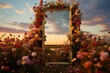 mirror frame standing in the flower field decorated with flowers and reflecting the beautiful landscape and sky