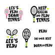 © Elen_Si - Play tennis hand drawn vector lettering set. Motivational sport slogans with tennis balls and racket on white background. Competitive game, healthy lifestyle concept.