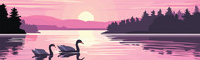 Tranquil Scene Of Swans On A Lake At Dawn Vector Isolated Illustration