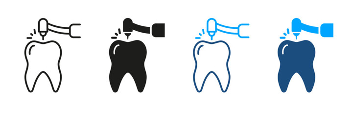 Wall Mural - Dentist's Instrument Symbol Collection. Drilling Tooth Silhouette and Line Icons Set. Root Canal Treatment Pictogram. Dentist Drills Teeth, Endodontics Procedure. Isolated Vector Illustration