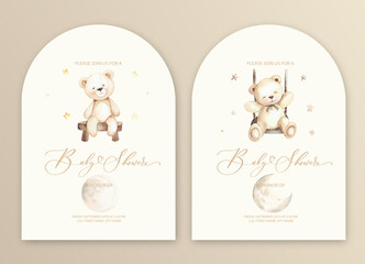 cute baby shower watercolor invitation card for baby and kids new born celebration with plush teddy 