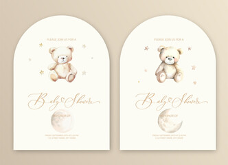 cute baby shower watercolor invitation card for baby and kids new born celebration with plush teddy 