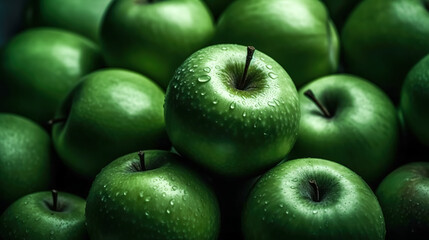 Wall Mural - Beautiful green apples close up, generative AI.