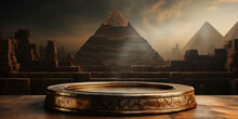 Ancient Golden Product Display Podium With Pyramids Background. Generative AI