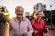 © BrightSpace - Happy senior couple running together in the park, celebrating love, health, and retirement ,Elderly couple's joyful run in the park reflects their love-filled, healthy senior lifestyle,banner,. gen ai