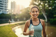 © BrightSpace - Vibrant Midlife Woman Exercising Outdoors: Beautiful Lady portrait people jogging with Freshness in Urban Park with Trees and Buildings with bright sun and nature light, healthy concept, gen ai