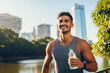 © BrightSpace - a cheerful athletic man takes a refreshing break from jogging in the radiant park, sipping water with a smile. His healthy lifestyle and fit physique showcase the joys of staying active, gen ai