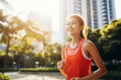 © BrightSpace - Vibrant Midlife Woman Exercising Outdoors: Beautiful Lady portrait people jogging with Freshness in Urban Park with Trees and Buildings with bright sun and nature light, healthy concept, gen ai