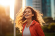 © BrightSpace - Vibrant Midlife Woman Exercising Outdoors: Beautiful Lady portrait people jogging with Freshness in Urban Park with Trees and Buildings with bright sun and nature light, healthy concept, gen ai