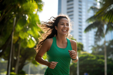 Vibrant Midlife Woman Exercising Outdoors: Beautiful Lady portrait people jogging with Freshness in Urban Park with Trees and Buildings with bright sun and nature light, healthy concept, gen ai